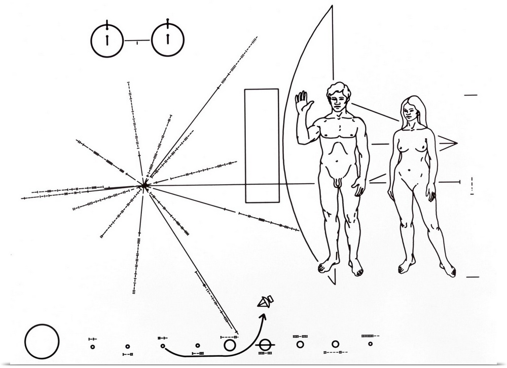 The design of a pictorial plaque, attached to the exterior of the Pioneer 10