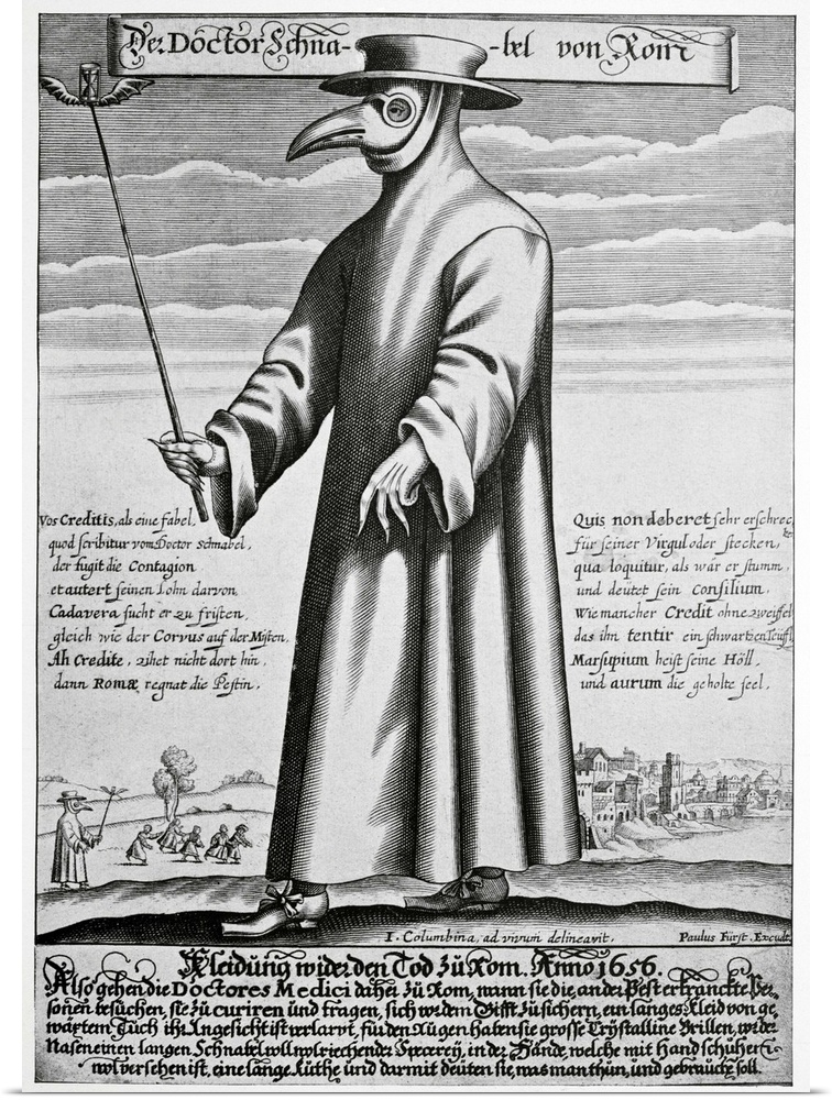 Plague doctor. 17th century artwork titled 'Doktor Schnabel von Rom' (Beak Doctor from Rome). The text is in Latin. The co...