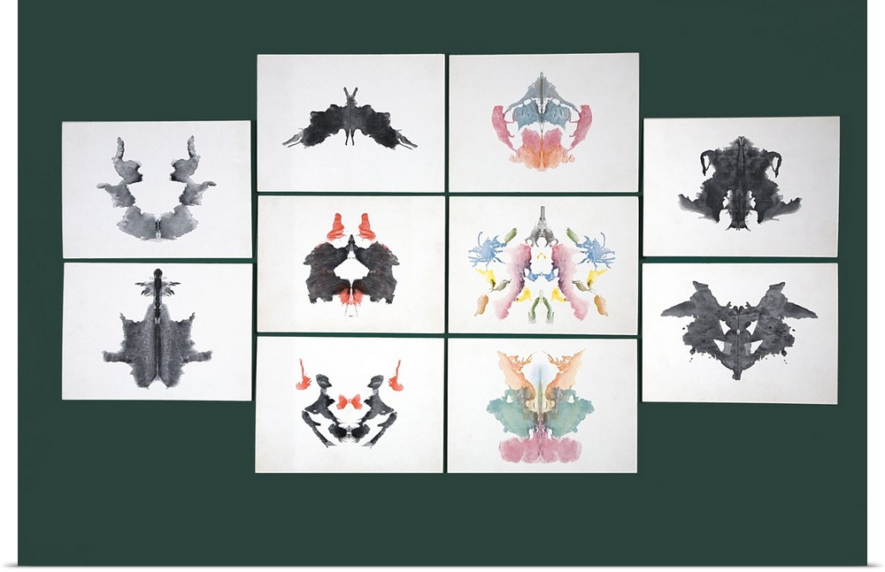 Inkblot test cards from a set of ten cards used in the Rorschach test. The subject's perceptions of the inkblots are recor...