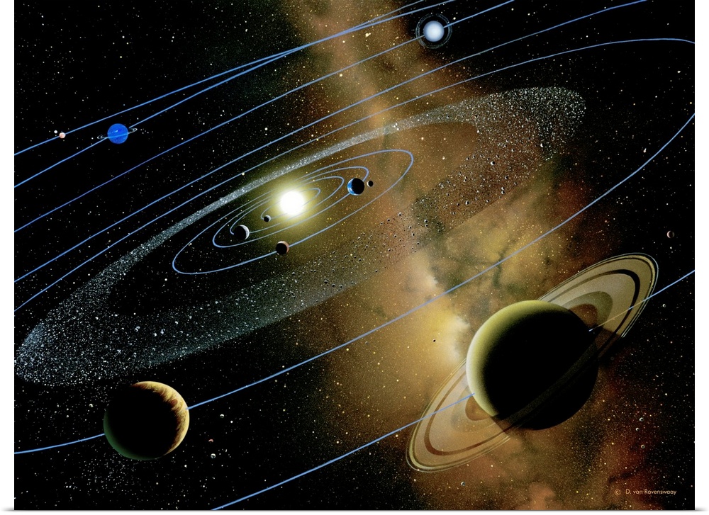 Solar system. Artwork of the nine planets orbiting the Sun (yellow). The planetary orbits are shown as blue lines. Distanc...