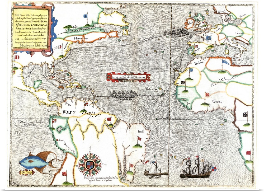 Sir Francis Drake's voyage 1585-1586. 16th century map showing the journey Sir Francis Drake made to the New World from 15...