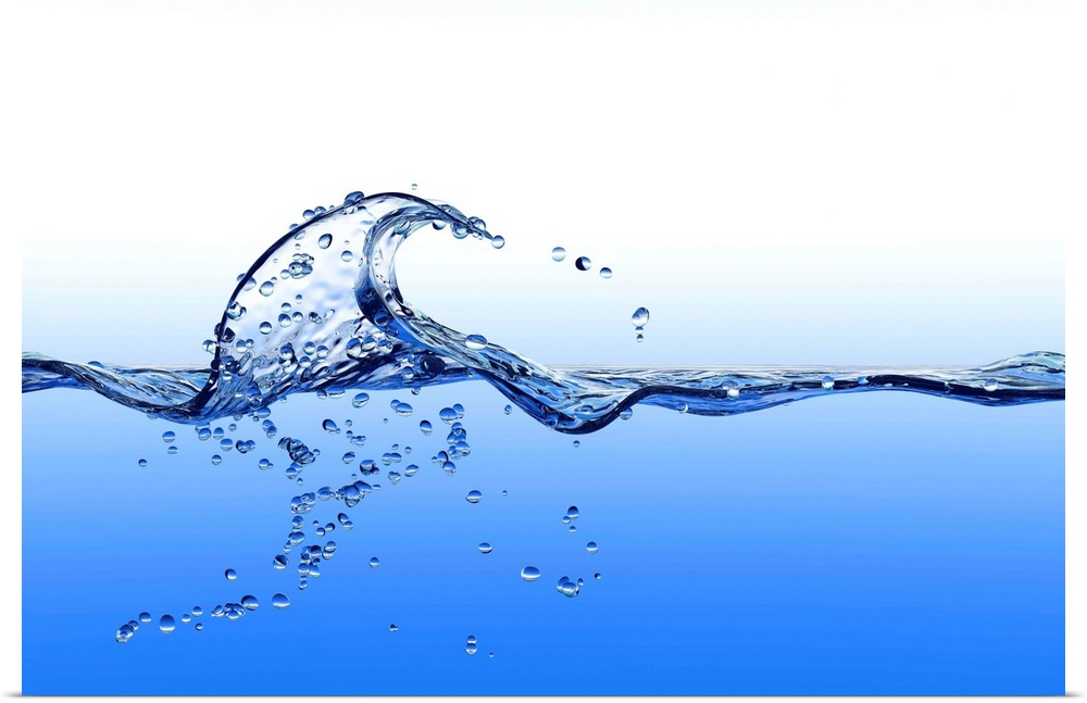 Computer artwork of a splashing wave with bubbles, above and below water.
