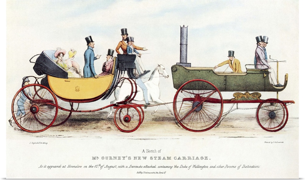 Steam-powered coach, historical artwork. This coach, known as the Gurney Drag, was a horseless stage coach towed by a carr...