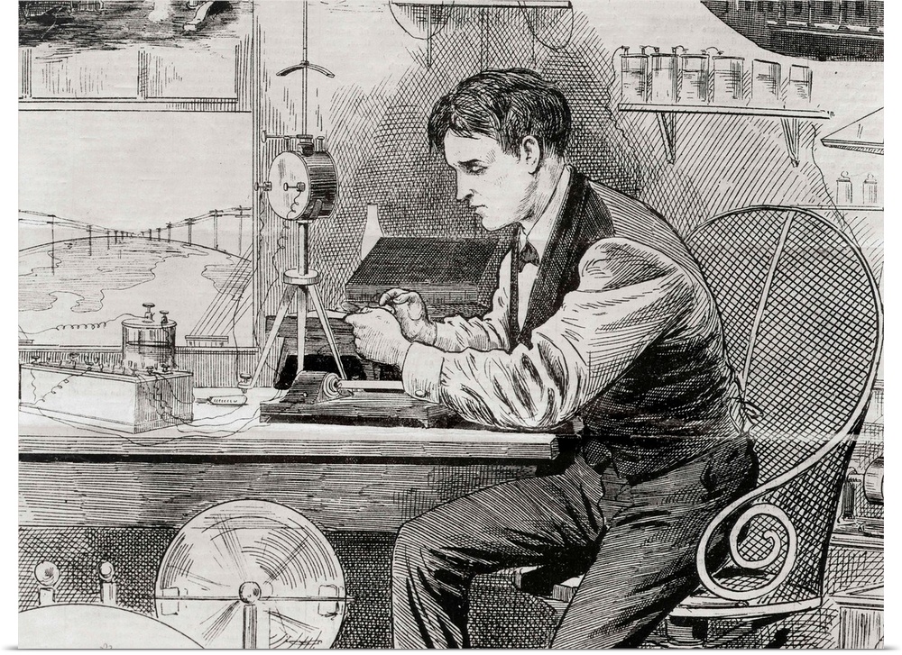 Thomas Alva Edison (1847-1931), US inventor, operating a telegraph machine. Telegraph poles are seen allowing worldwide co...
