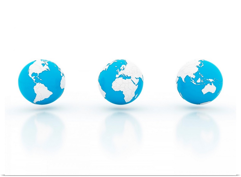 Three blue and white globes, illustration.