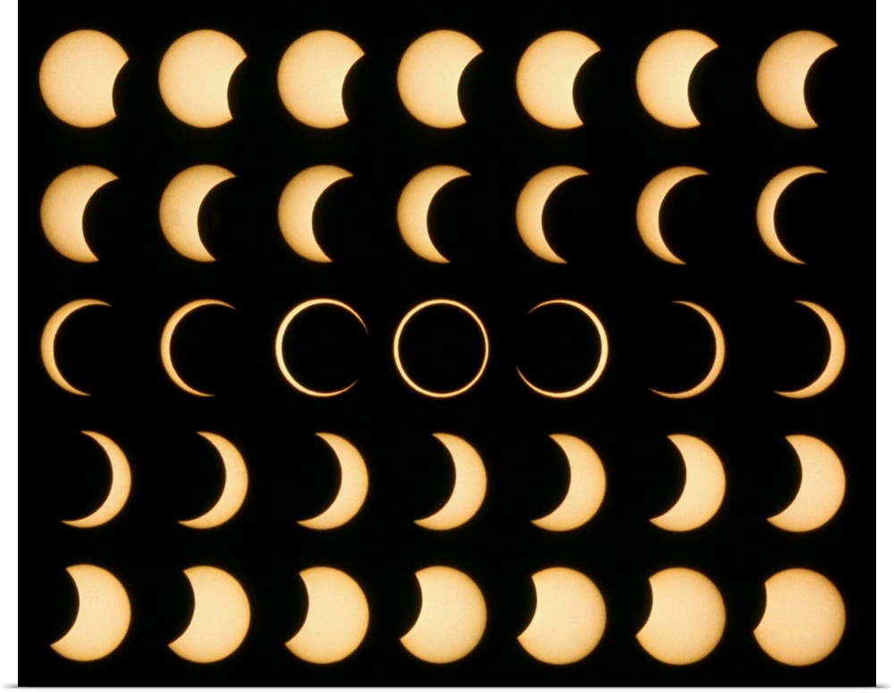 Annular solar eclipse. Time lapse mosaic image of an annular solar eclipse. A solar eclipse occurs when the moon passes be...