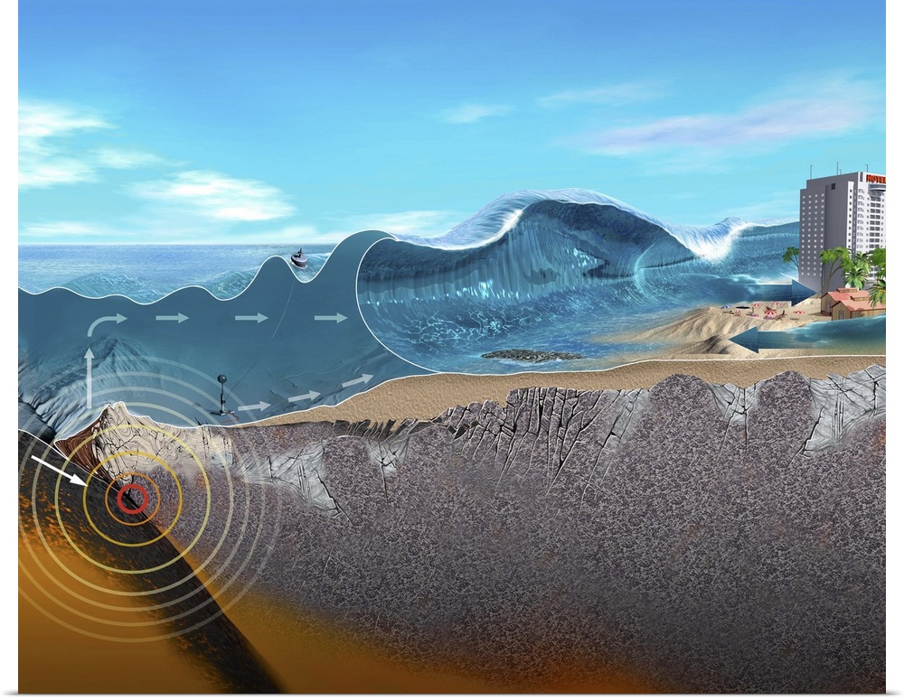 Underwater earthquake and tsunami. Cutaway artwork showing how an underwater earthquake (left) can trigger a tsunami and d...