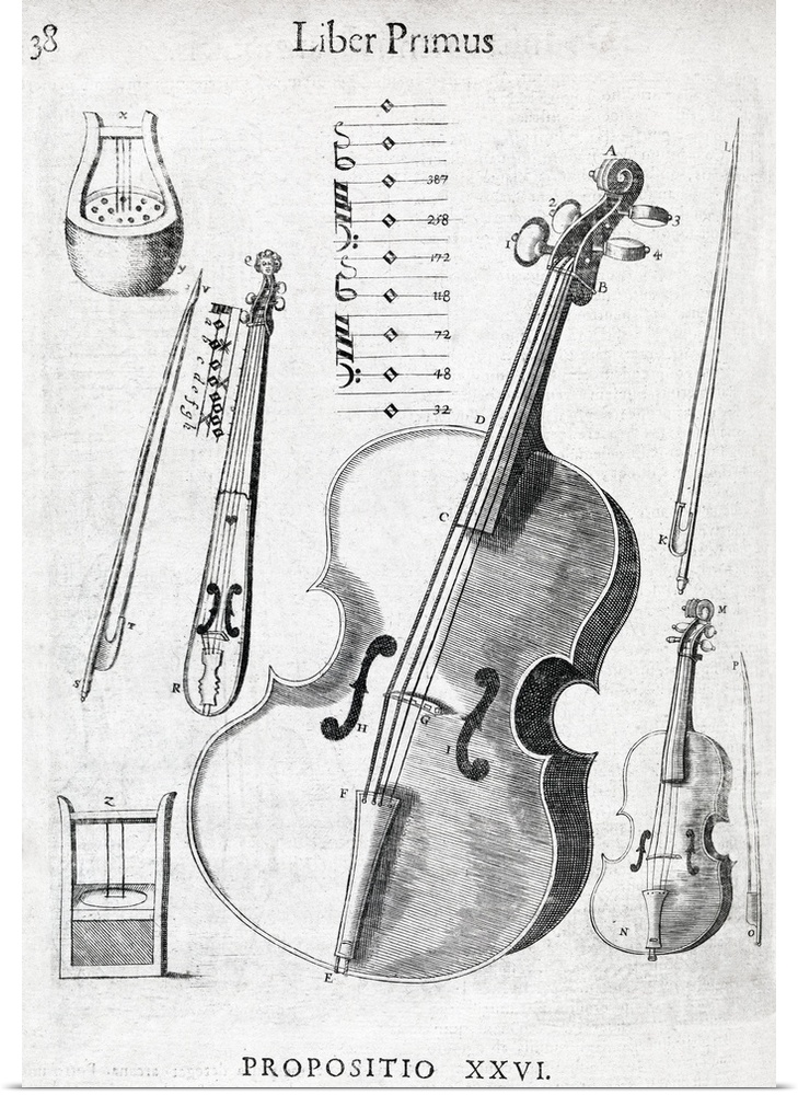Violin, 17th century artwork. Violin bows and diagrams of musical scales surround the violin. This woodcut is from the boo...