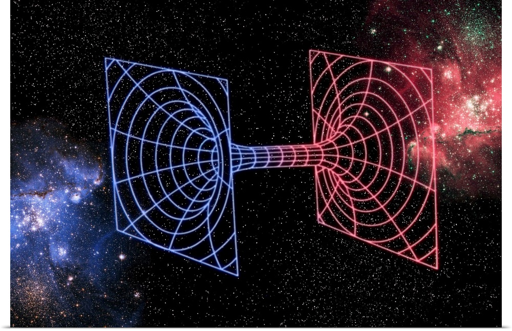 Wormhole. Conceptual computer artwork showing a wormhole leading from one universe (blue) to another (red). Wormholes are ...