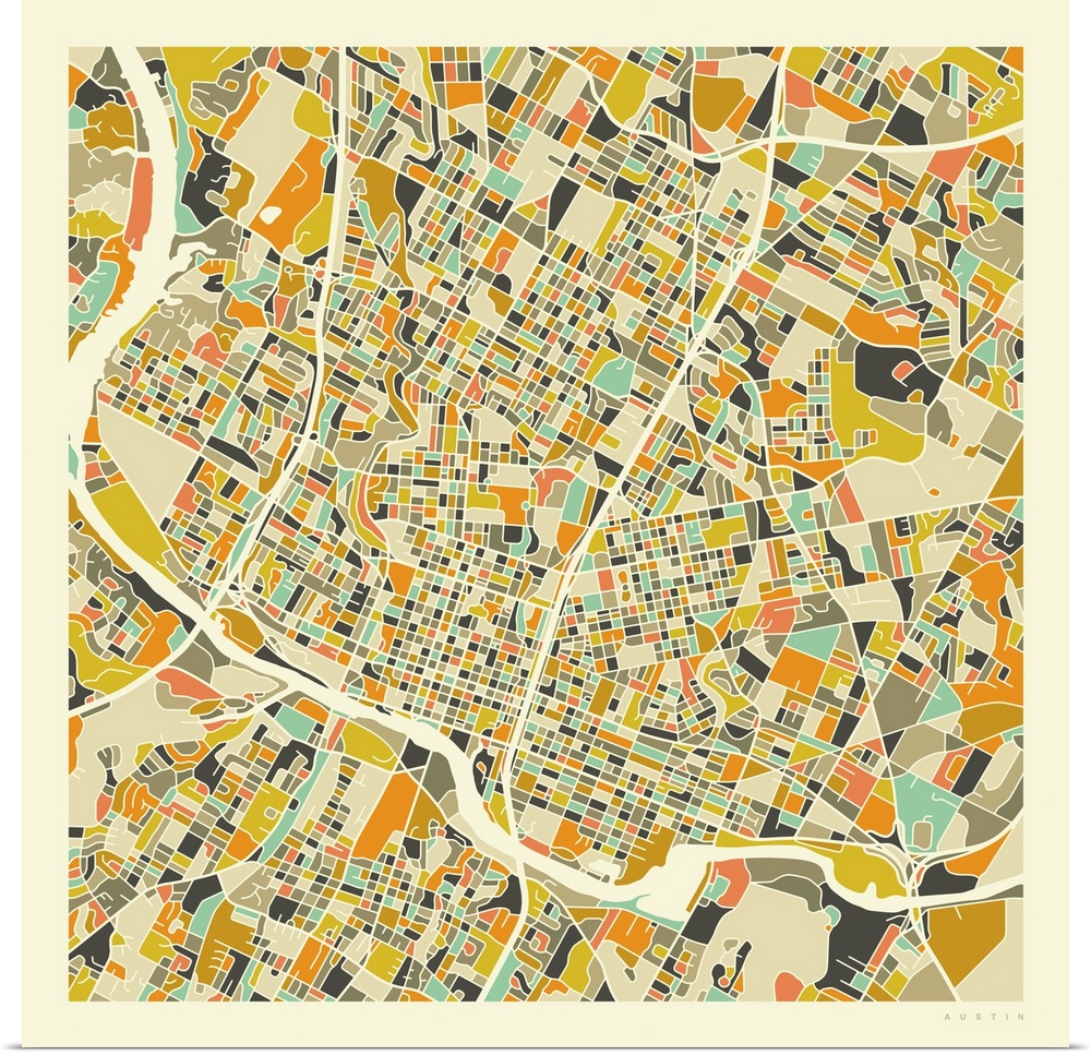Colorfully illustrated aerial street map of Austin, Texas on a square background.