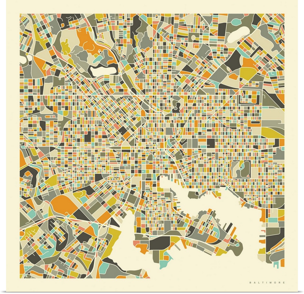 Colorfully illustrated aerial street map of Baltimore, Maryland on a square background.