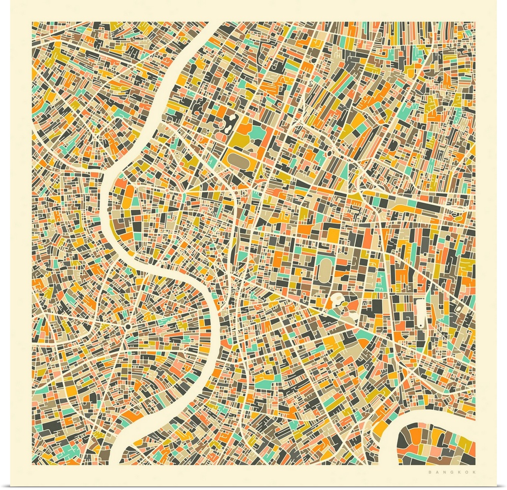 Colorfully illustrated aerial street map of Bangkok, Thailand on a square background.