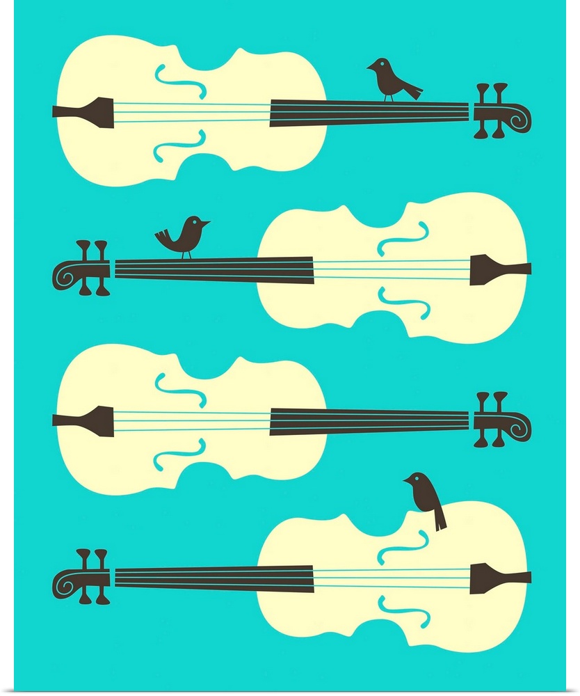 Illustration of four cellos with birds perched on three of them, with a bright blue background.