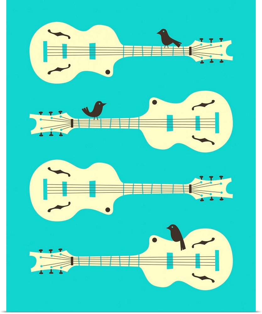 Illustration of four guitars with birds perched on three of them, with a bright blue background.