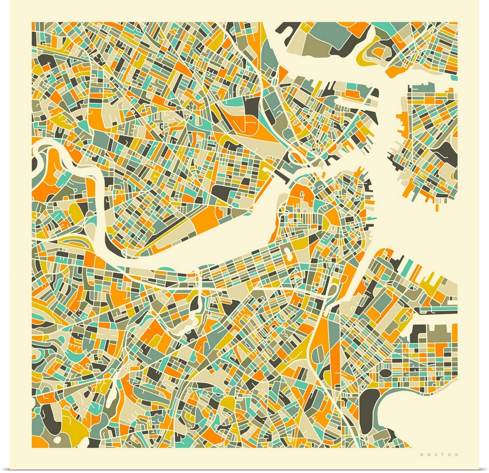 Colorfully illustrated aerial street map of Boston, Massachusetts on a square background.