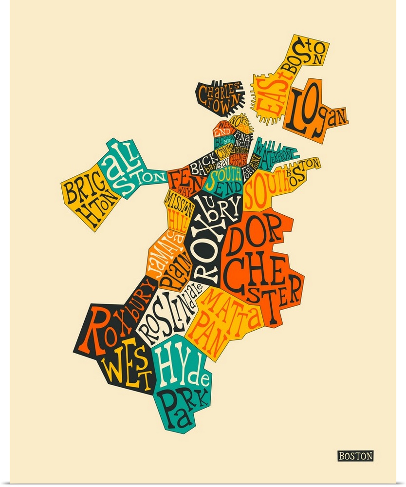 Illustrated map of Boston, Massachusetts sectioning out the different neighborhoods, with the name of each neighborhood wr...
