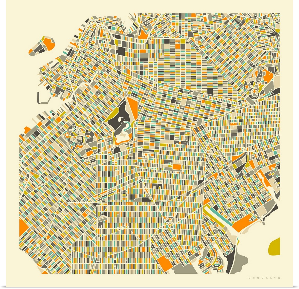 Colorfully illustrated aerial street map of Brooklyn, New York on a square background.
