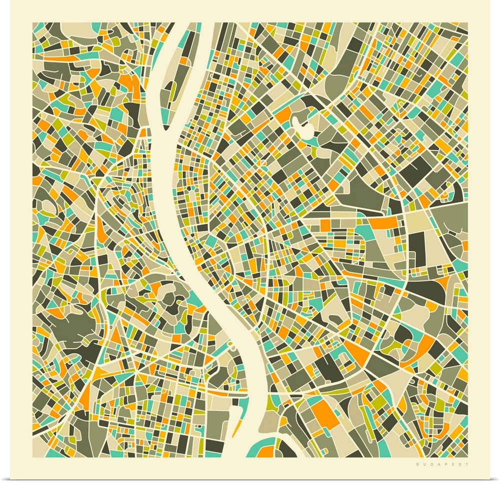 Colorfully illustrated aerial street map of Budapest, Hungary on a square background.