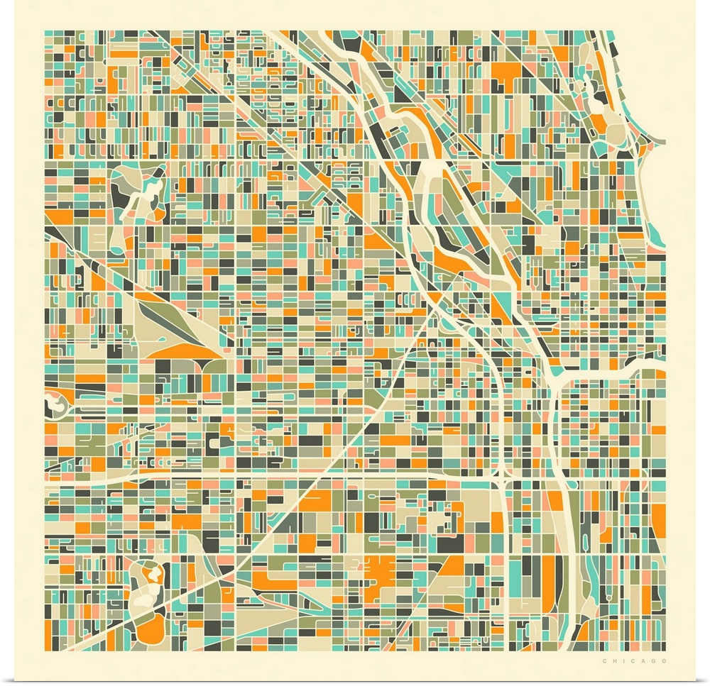 Colorfully illustrated aerial street map of Chicago, Illinois on a square background.