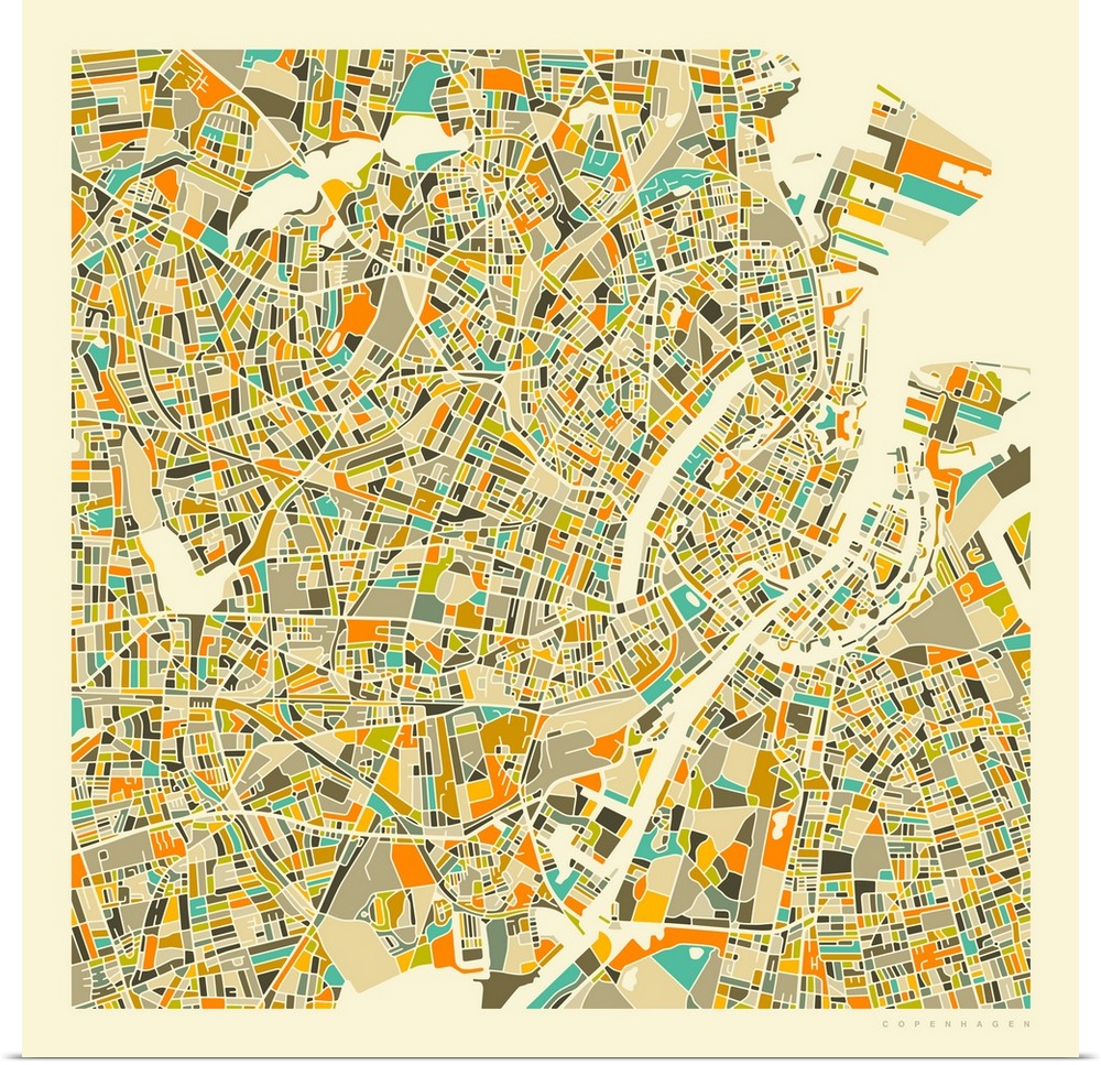 Colorfully illustrated aerial street map of Copenhagen, Denmark on a square background.