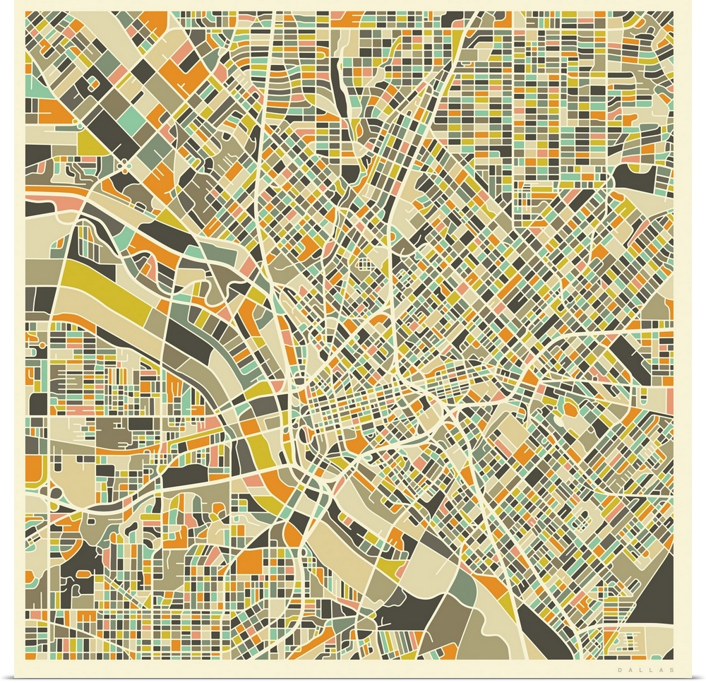 Colorfully illustrated aerial street map of Dallas, Texas on a square background.