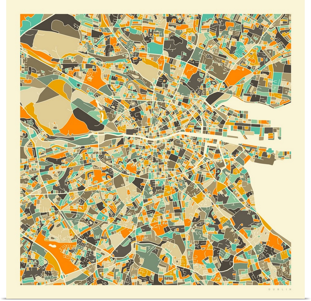 Colorfully illustrated aerial street map of Dublin, Ireland on a square background.