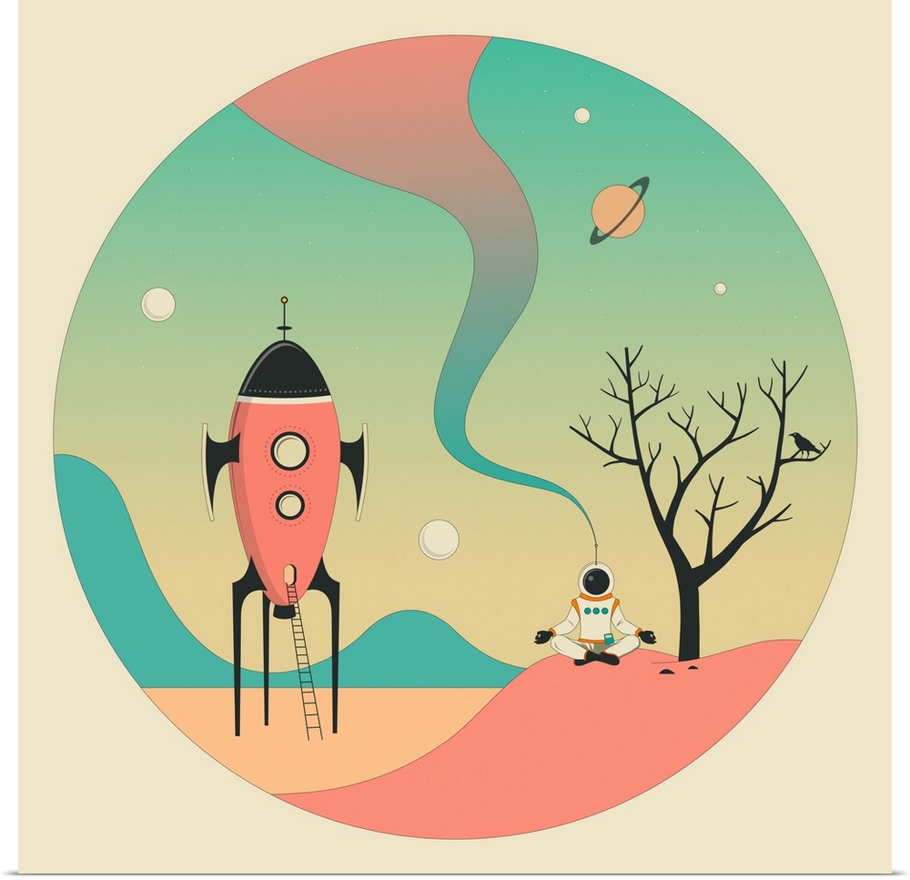 Pastel colored illustration of an astronaut meditating on a planet with a space ship to his/her right side, on a square ba...