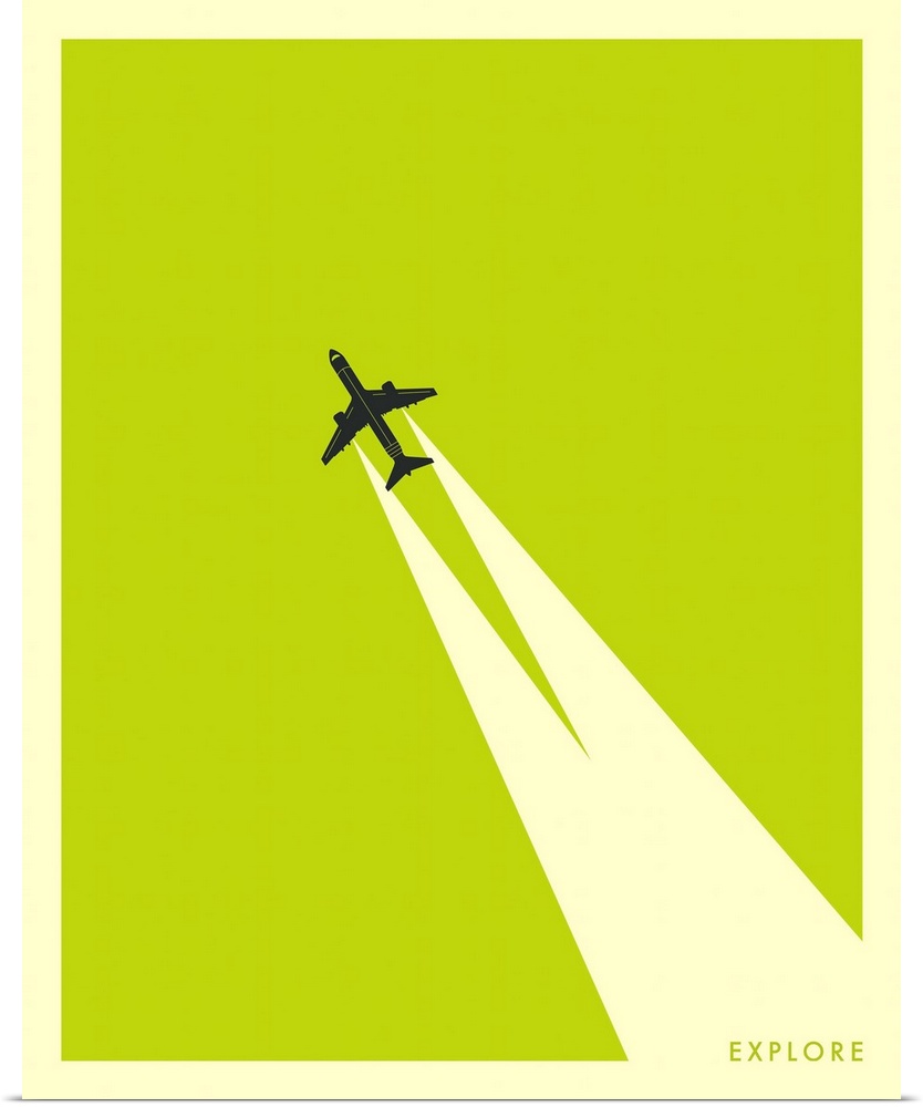 Minimalist illustration of an airplane flying diagonally up the image leaving two white streaks behind, leading to the wor...
