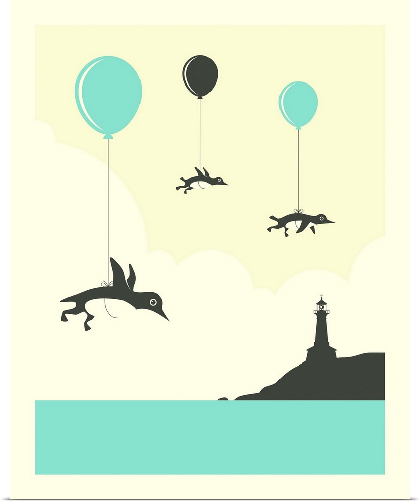 Whimsical illustration of three penguins attached to balloons and floating in the sky above the ocean and a lighthouse. Cr...