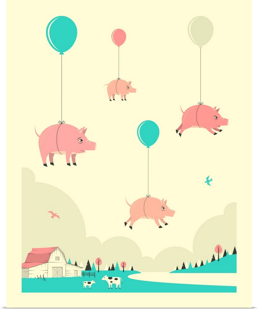 Whimsical illustration of four pink pigs attached to balloons and floating in the sky above a farm. Created in shades of b...