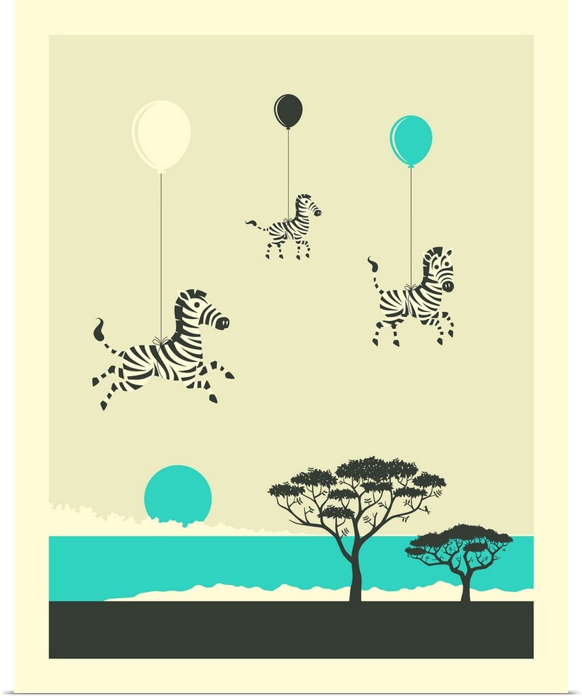 Whimsical illustration of three zebras attached to balloons and floating over the African plains. Created in shades of blu...