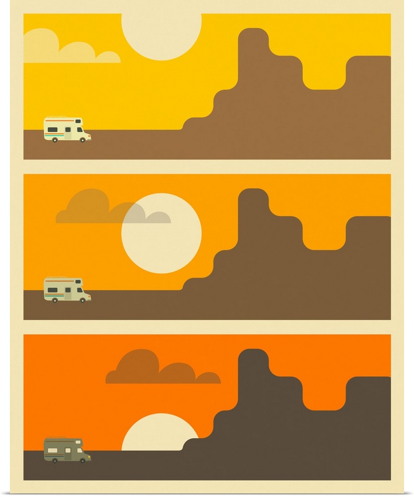 Retro style illustration of a camper parked next to the Grand Canyon, split into three sections showing the stages of sunset.