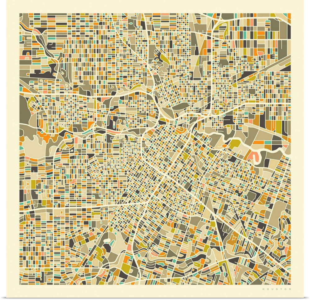 Colorfully illustrated aerial street map of Houston, Texas on a square background.