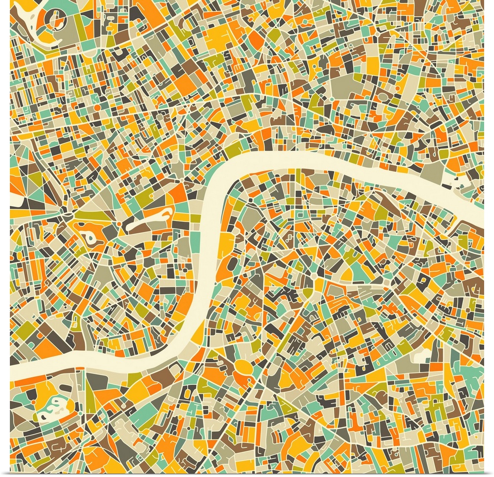 Colorfully illustrated aerial street map of London, England on a square background.