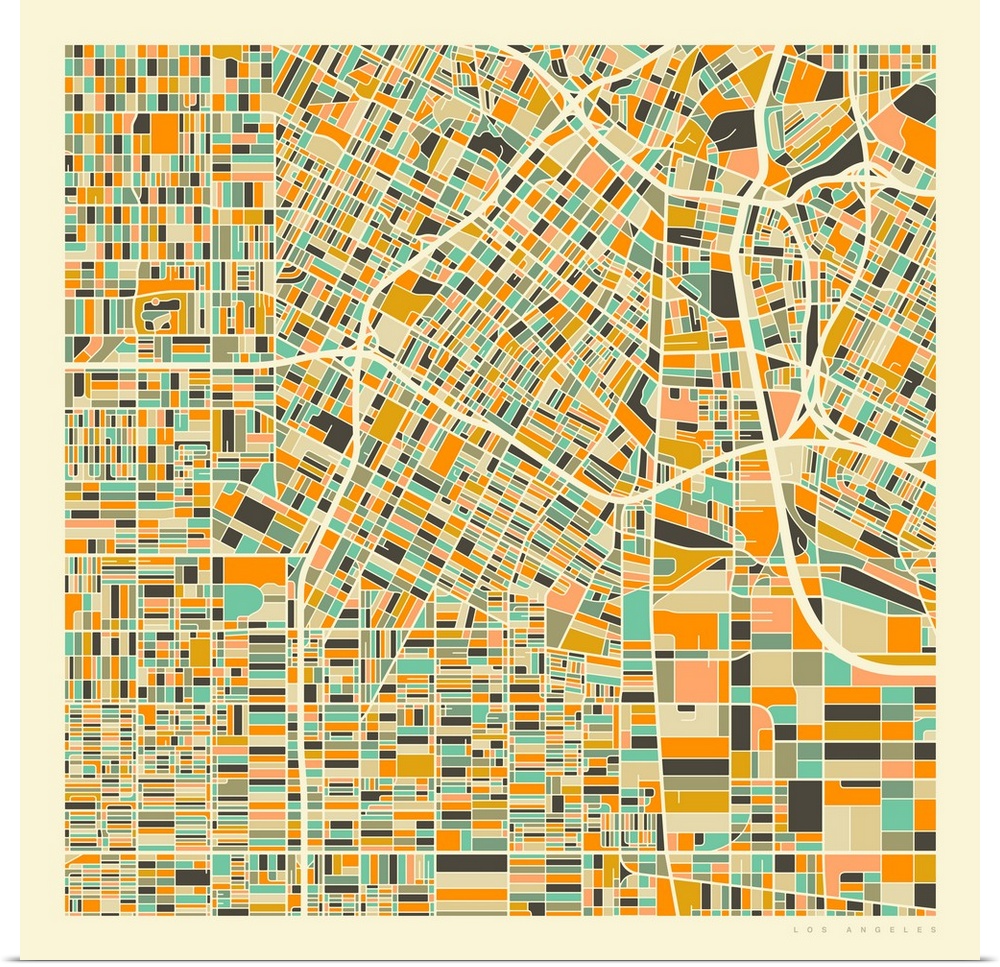 Colorfully illustrated aerial street map of Los Angeles, California on a square background.