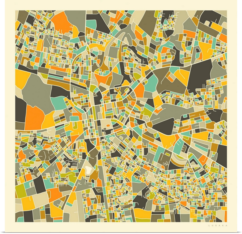 Colorfully illustrated aerial street map of Lusaka, Zambia on a square background.