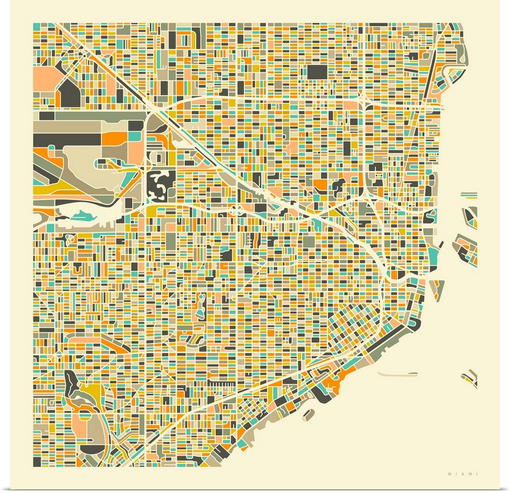 Colorfully illustrated aerial street map of Miami, Florida on a square background.