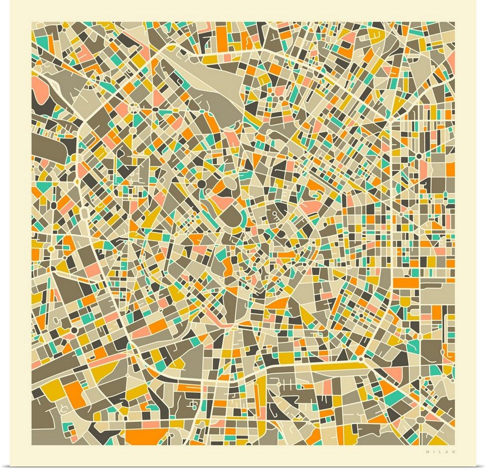 Colorfully illustrated aerial street map of Milan, Italy on a square background.