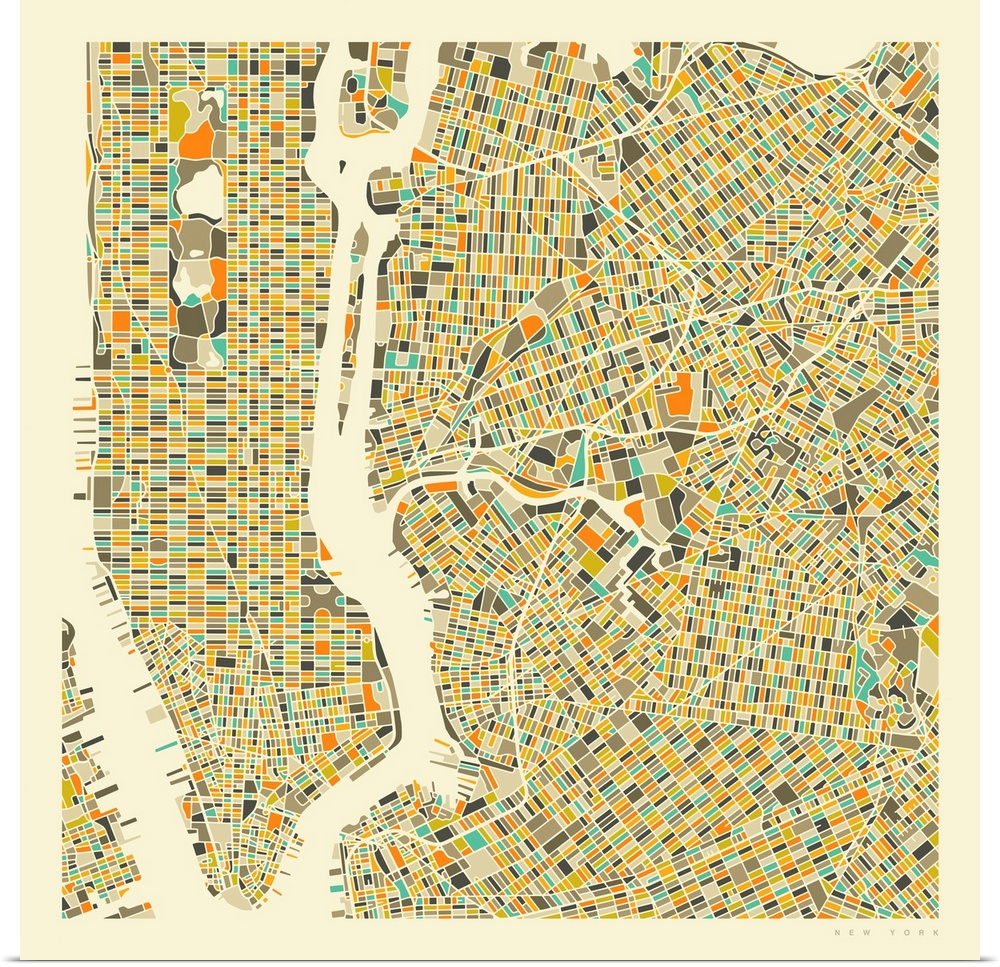 Colorfully illustrated aerial street map of New York City on a square background.