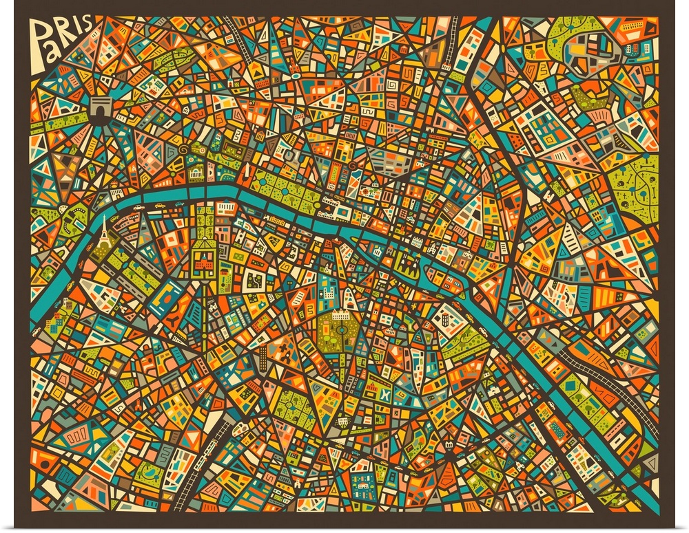 Colorfully illustrated and detailed aerial street map of Paris, France on a square background.
