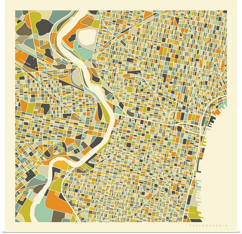 Colorfully illustrated aerial street map of Philadelphia, Pennsylvania on a square background.
