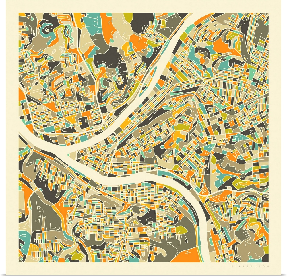 Colorfully illustrated aerial street map of Pittsburgh, Pennsylvania on a square background.