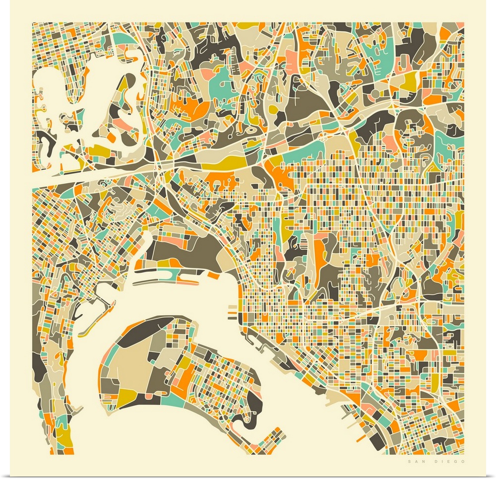 Colorfully illustrated aerial street map of San Diego, California on a square background.