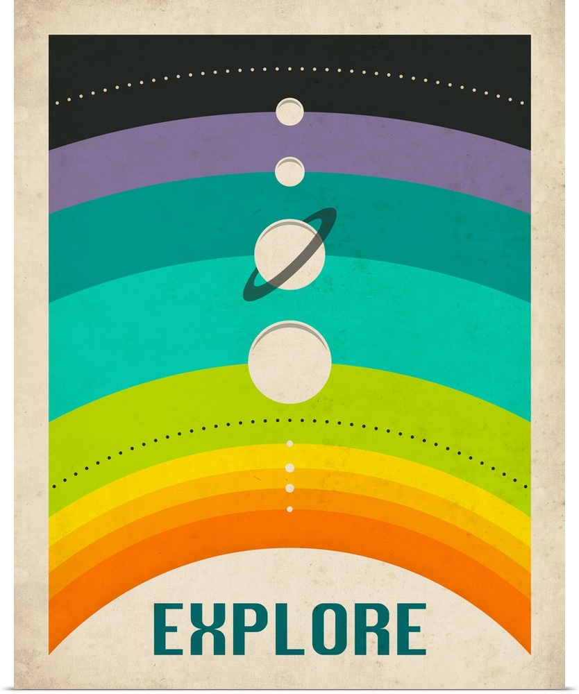 Retro style illustration of the planets in the solar system lined up on a rainbow background with the word "Explore" writt...