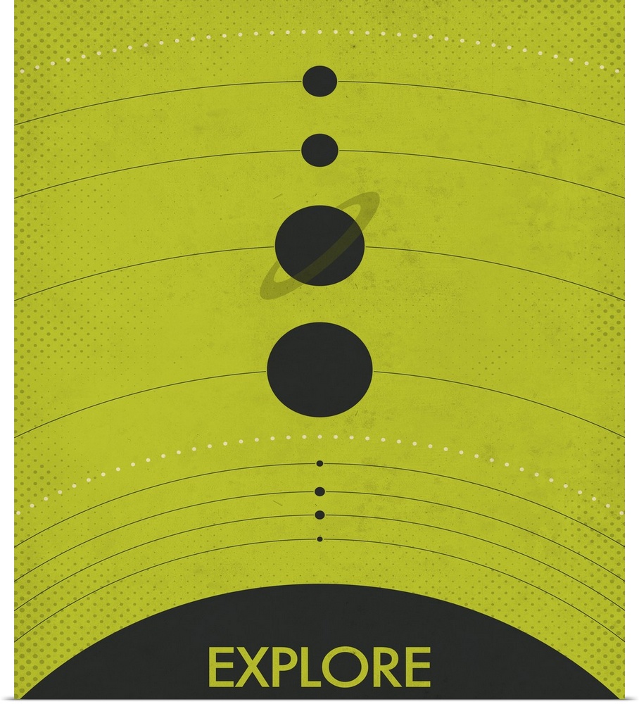 Retro style illustration of the planets in the solar system lined up on a bright green background with the word "Explore" ...
