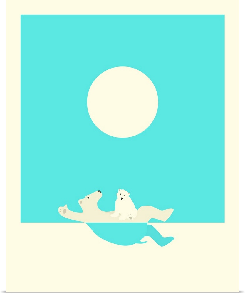 Minimalist illustration of a polar bear swimming on its back with its child on its stomach, in bright blue and cream hues.