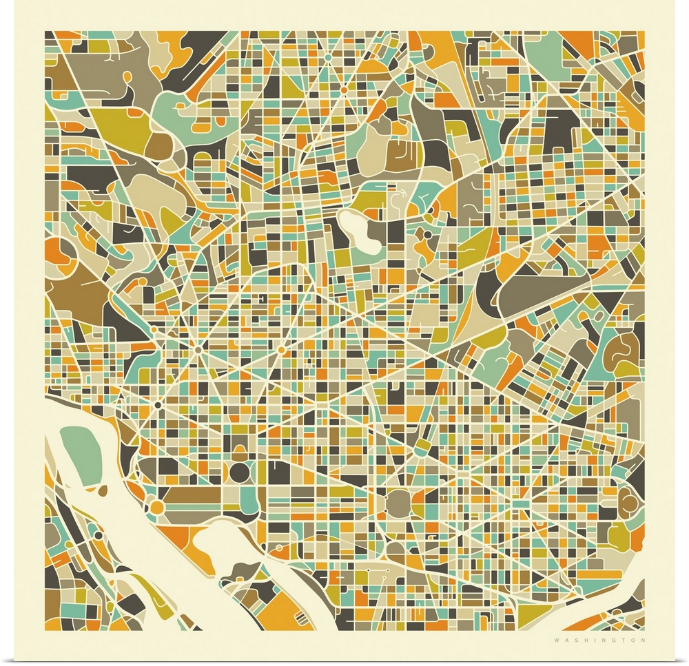 Colorfully illustrated aerial street map of Washington DC on a square background.