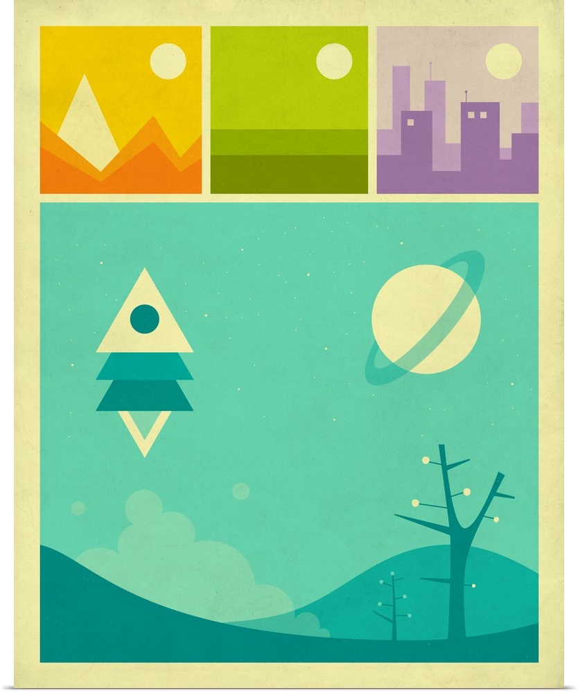 Retro style illustration of the mountains, plains, and city in three boxes at the top and an illustration of an outer spac...