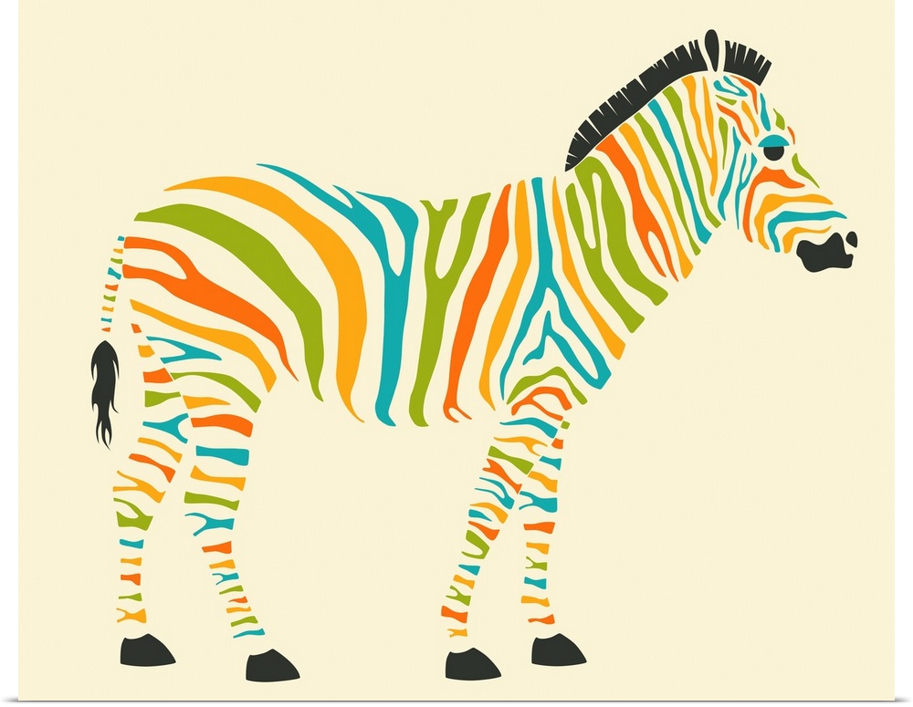 Whimsical illustration of a zebra with colorful stripes on a cream colored background.