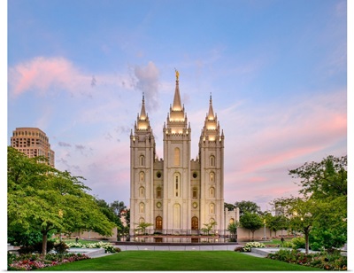 Salt Lake Temple, Blue and Pink Sky, Salt Lake City, Utah
